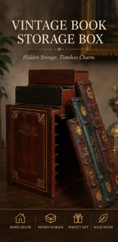 Vintage Book-Shaped Hidden Storage Box – Solid Wood Decorative Set