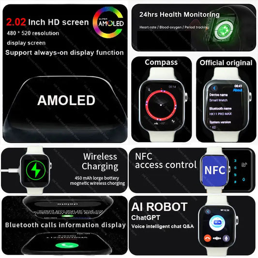 Original HK11 PRO MAX Smart Watch Series 11 46mm AMOLED 4G ROM Bluetooth Call Network AI Robot Clock NFC Compass Smartwatch 2026
