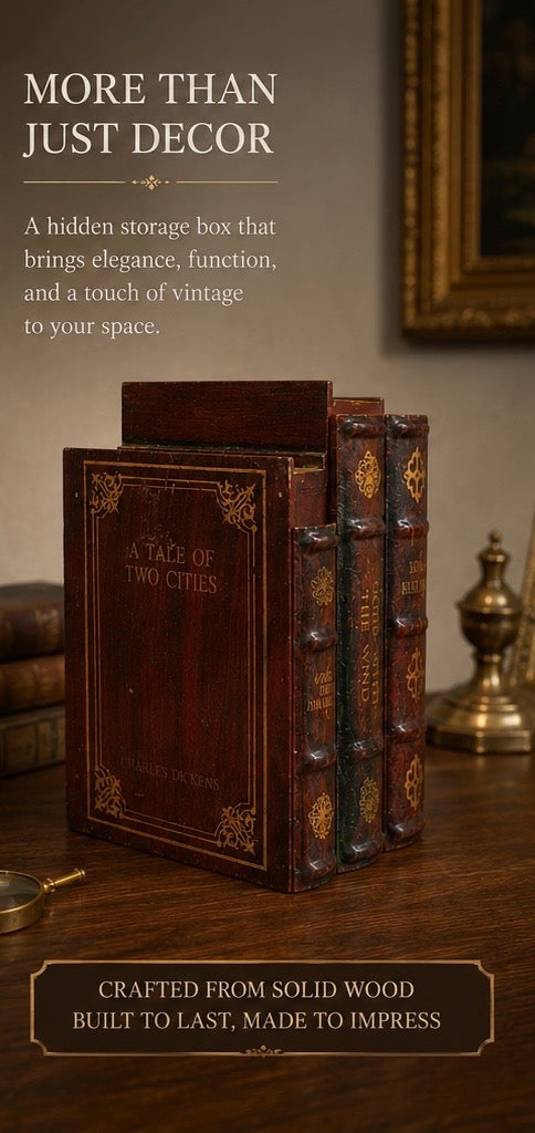 Vintage Book-Shaped Hidden Storage Box – Solid Wood Decorative Set