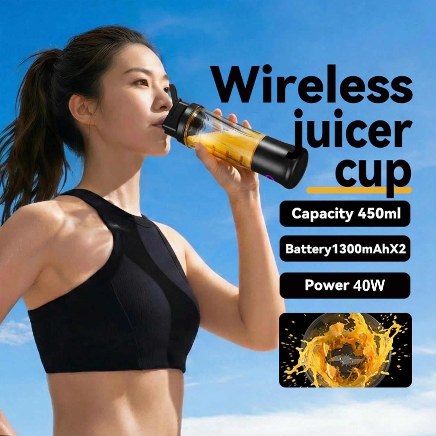 Personal Juicer for Shakes and Smoothies 450ML Cordless Mini Small Blender Cup USB-C Rechargeable for Kitchen Office Gym