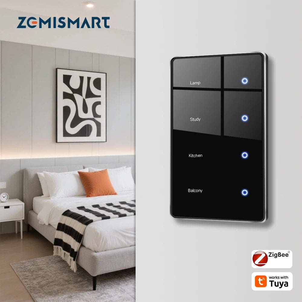 Zemismart Zigbee Smart DIY Name Switch Black Panel Touch Light Switches US Type Neutral Required Works with Tuya Smart Life App